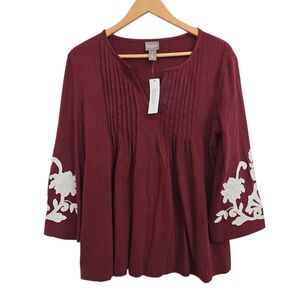 Chico’s NWT Burgundy Embroidered Sleeve Blouse Size 1 (M/L)